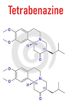 Tetrabenazine hyperkinetic disorder drug molecule. Skeletal formula.