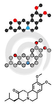 Tetrabenazine hyperkinetic disorder drug molecule. Stylized 2D renderings and conventional skeletal formula. photo