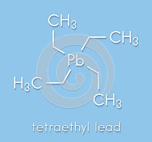 Tetraethyllead gasoline octane booster molecule. Neurotoxic organolead compound. Skeletal formula.