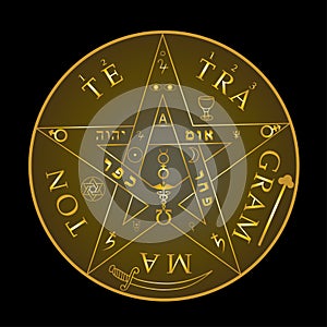 Tetragrammaton Pentagram, medieval ancient symbol of name of God in Hebrew letters. sacred magic symbol logo, essence universe