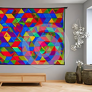 Tetrahedral Tapestry: An image of a geometric pattern created with tetrahedra, in a mix of vibrant colors and intricate designs1 photo