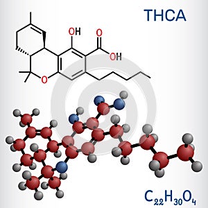 Tetrahydrocannabinolic acid, THCA, tetrahydrocannabinolate molecule. Precursor of tetrahydrocannabinol THC, active component