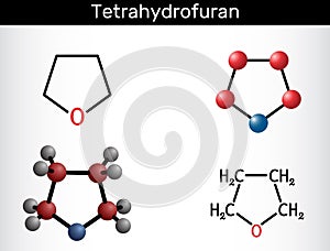 Tetrahydrofuran, THF, oxolane organic solvent molecule. Structural chemical formula, molecule model. Vector