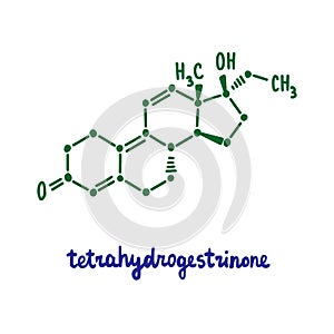 Tetrahydrogestrinine hand drawn vector formula chemical structure lettering blue green