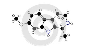 tetrahydroharmine molecule, structural chemical formula, ball-and-stick model, isolated image fluorescent indole alkaloid