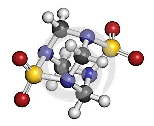 Tetramethylenedisulfotetramine TETS rodenticide molecule. 3D rendering. Atoms are represented as spheres with conventional color