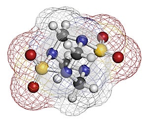 Tetramethylenedisulfotetramine TETS rodenticide molecule. 3D rendering. Atoms are represented as spheres with conventional color