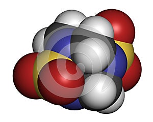 Tetramethylenedisulfotetramine TETS rodenticide molecule. 3D rendering. Atoms are represented as spheres with conventional color