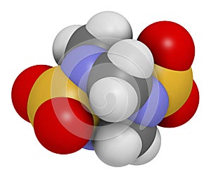 Tetramethylenedisulfotetramine TETS rodenticide molecule. 3D rendering. Atoms are represented as spheres with conventional color