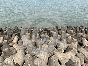 Tetrapods, coastal erosion prevention, Mumbai Skyline