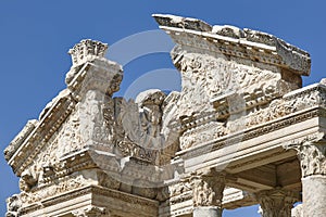 Tetrapylon ancient monument detail in Aphrodisias. Archaeology landmark in Turkey