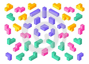 Tetris shapes. Isometric 3D puzzle game elements colorful cube abstract blocks. Vector isometric tetris design objects