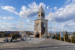 Tetyushi, Tatarstan, Russia - May 2, 2022: Four-deck cruise ship berth Tetyushi city on Volga river