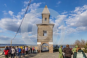 Tetyushi, Tatarstan, Russia - May 2, 2022: Four-deck cruise ship berth Tetyushi city on Volga river