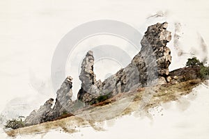 Teufelsmauer, Devil`s Wall, natural rock formation in central Germany. Watercolor illustration.