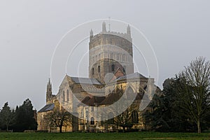 Tewkesbury Abbey misty early morning