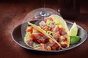 Tex-mex cuisine with corn tacos with meat