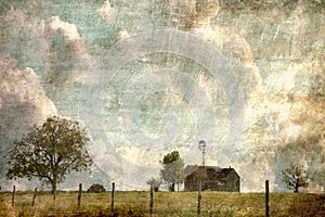 Texas Hill Country Farm House with Barbed Wire Fence Line