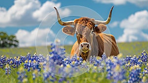 Texas Longhorn cow in spring in a field of bluebonnets. Posing texas longhorn in bluebonnets. Longhorn cattle laying in