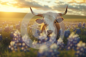 Texas Longhorns bull in a field full of bluebonnets, golden hour time, close up portait shot