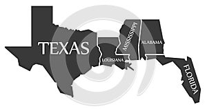 Texas - Louisiana - Mississippi - Alabama - Florida Map labelled