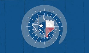 Texas map icon. Texas icon with light rays isolated on blue background.