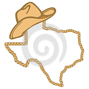 Texas map with lasso rope frame and cowboy hat isolated on white for design. Texas color sign symbol