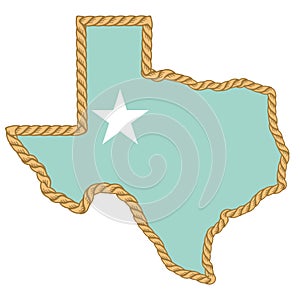 Texas map with lasso rope frame with symbol star isolated on white for design. Texas color sign symbol