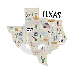 Texas map state with landmarks and symbols. photo