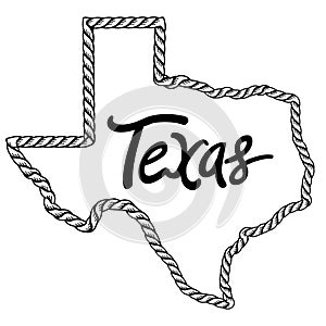 Texas map Vector illustration. Texas lasso rope frame with text isolated on white for design. Texas sign symbol