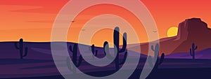 Texas or Mexican desert panorama landscape. American traditional nature background. Vector prairie landscape with sun