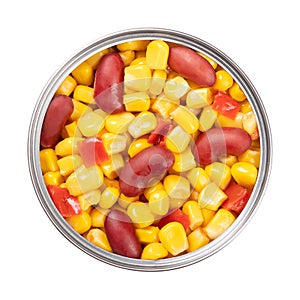 Canned Texas maize mix, corn, kidney beans and bell pepper, in open can