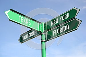 Texas, New York, Florida, California - green signpost with for arrows