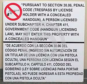 Texas penal code open carry handgun business sign photo
