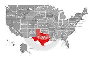 Texas red highlighted in map of the United States of America