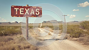 Texas road sign at state border, view of wooden vintage signpost on blue sky background, landscape of desert. Concept of travel,