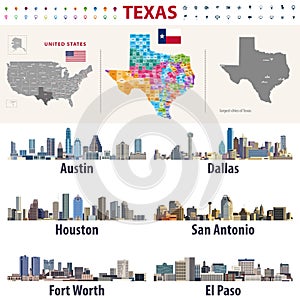 Texas`s vector high detailed map showing counties formations. Largest cities skylines of Texas