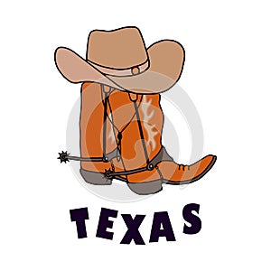 TEXAS. Set of cowboy boots hat, rope lasso. Vector stock illustration eps10. Isolate on white background, outline, hand drawing.