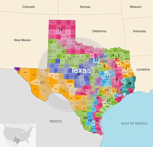 Texas state counties colored by congressional districts vector map with neighbouring states and terrotories photo