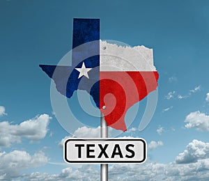 Texas state flag and map - road sign