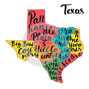 Texas State map. Hand lettering.
