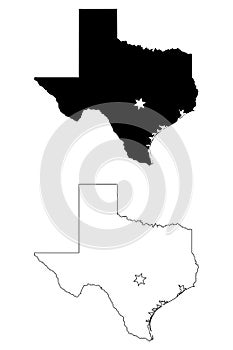 Texas TX state Map USA with Capital City Star at Austin. Black silhouette and outline isolated maps on a white background. EPS