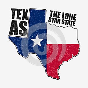 Texas typography graphics for t-shirt with flag and map of state. Grunge print for apparel, clothes. Vector.