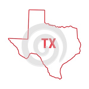 Texas US state map red outline border. Vector illustration. Two-letter state abbreviation