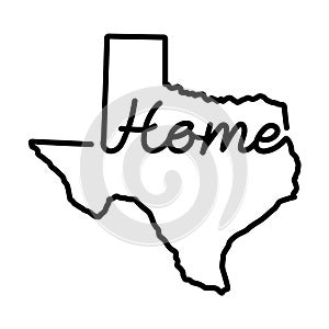 Texas US state outline map with the handwritten HOME word. Continuous line drawing of patriotic home sign