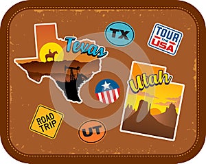 Texas, Utah travel stickers with scenic attractions