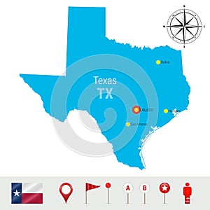 Texas Vector Map Isolated on White Background. High Detailed Silhouette of Texas State. Official Flag of Texas