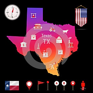 Texas Vector Map, Night View. Compass Icon, Map Navigation Elements. Pennant Flag of the USA. Industries Icons
