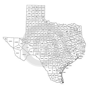State of Texas, subdivided into 254 counties, outline map