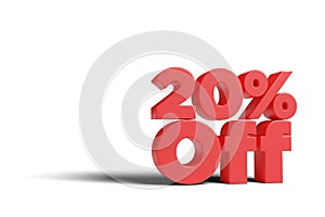 Text `20 % off` in 3 dimensions on a white background.